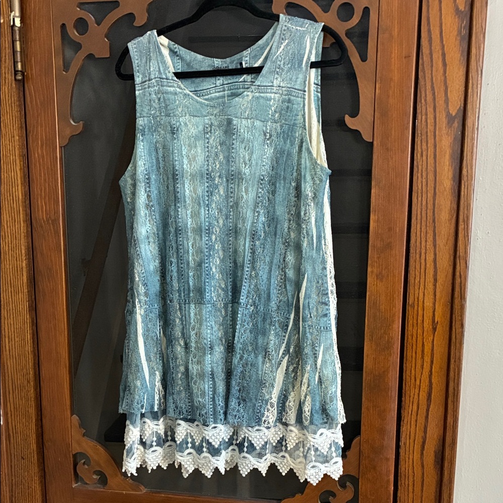 Blue Denim look Lace Trim Sleeveless Top